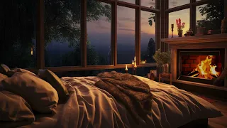 Cozy Room Ambience | Heavy Sunset Rain & Crackling Fireplace Sounds For Relaxation, Sleeping, Study