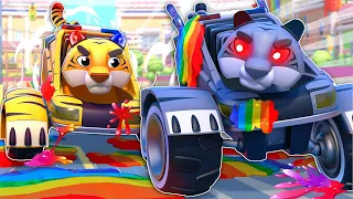 🌈Tiger POLICE car’s EVIL TWIN shoots RAINBOW SLIME and creates chaos! Super Rescue Squad