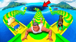 SHINCHAN AND FRANKLIN TRIED THE LAND ON PLATFORM DEEPEST HOLE WATER SLIDE MELA CHALLENGE GTA 5