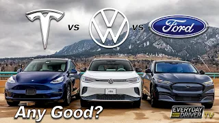 Mustang Mach-E vs Model Y vs ID4 EV comparison - Is the future any good? | Everyday Driver Season 9