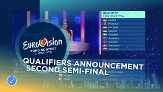 The announcement of the qualifiers in the second Semi-Final of the 2018 Eurovision Song Contest