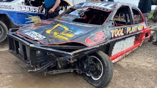 1300 Saloon Stockcars Chris Murfin Memorial 135 Michael Lees Rollover Skegness Raceway 16/04/23.