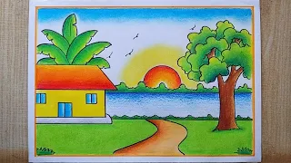 Easy Village scenery drawing| Beautiful 😍 scenery drawing