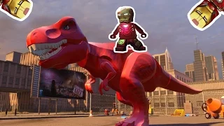 Red dinosaur run away from the spaceship and Iron man Chasing it