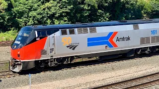 Amtrak 161, Phase I Heritage Unit, leads Amtrak 79 and 80 through Raleigh