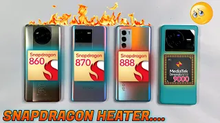 Snapdragon Heat/cheater 😣 sd 860 Vs 870(Neo' s) Vs 888 Vs Dimensity 9000 Performance,Heating,Battery