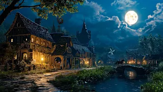 Medieval Village Ambience | Relaxing Medieval Village Sounds at Night, Gentle River, Frogs, Crickets