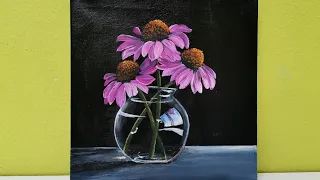 How to paint Daisies in a Glass Vase ||Acrylic Painting Demo For Beginners