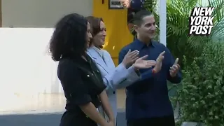 Kamala Harris unknowingly claps to song in Spanish protesting her during Puerto Rico visit