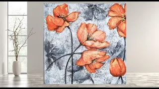 Orange Abstract Poppies/ Texture Techniques  /STEP by STEP Acrylic Painting/MariArtHome