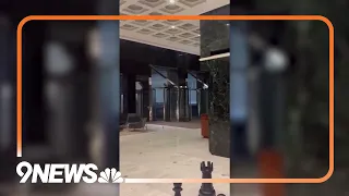 Storm Debris Swept Up On a Wells Fargo Building in Houston