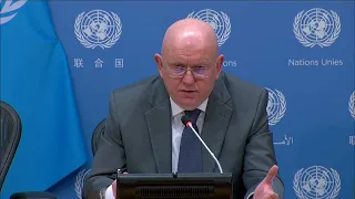 Russian Ambassador Vasily Nebenzya speaks to reporters issuing an arrest warrant for President Putin