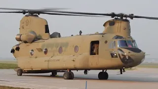 Two US Army CH-47F Startup, Taxi and Takeoff At Springbank Airport