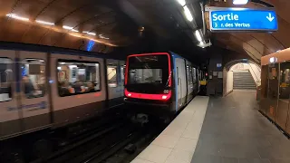 MP14 metros (metro line 11) arriving and departing Arts et Métiers Paris