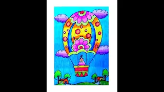 HOW TO MAKE HOT AIR BALLOON LANDSCAPE SCENERY DRAWING WITH OIL PASTEL FOR BEGINNERS STEP BY STEP