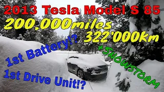 200,000 mile 2013 Tesla Model S 85, First Battery and Drive Unit!? Driving Tesla in Snowstorm.