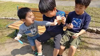 グミを食べて公園で遊ぶ三兄弟　うんていひなごん　＃1899