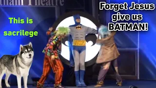 Worldly "church" mocks resurrection of Christ by crucifying Batman in Cringe play