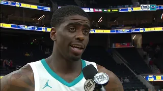 Dwayne Bacon reacts to the Hornets' comeback win over the Warriors
