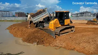 Episode 11 Double Komatsu Dozer Using Power Pushing Stone Filling Up & Team Truck Working Unloading