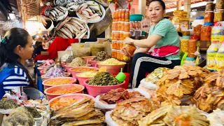 Kompot, Cambodia- a popular Seafood market at Countryside, fresh Blue Crab, squid, seaweed, pickled