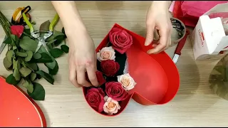 Коробка сердце 💓 с живыми цветами и конфетами ко Дню Всех Влюбленных как сделать.