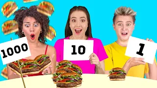 RETO DE 1000 CAPAS DE COMIDA || ¡Sin manos VS. 2 manos VS. 1 mano! Grande y pequeño de 123 GO Like!