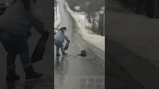 Sister Tries to Move Beaver off Road Using Car Floor Mat || ViralHog