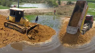 New  Project! Wonderful Unbelievable Bulldozer Move Soil & Stone into water, Dump Truck Unloading
