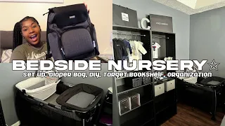 BEDSIDE NURSERY SET UP | baby breeza diaper bag, target closet bookshelf, organizing