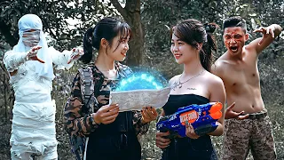 Pink Girl Nerf War: Two Girls Fight A Mummy Digger & Ms.Lily Nerf Guns Ancient Mummy Treasure