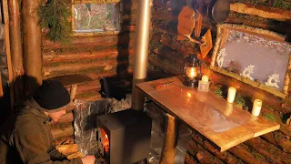 Living in an Off-Grid Log Cabin in the Forest. Building a House. Installed a Stove in a Hut