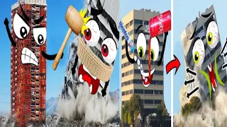 extreme dangerous building demolition skill_doodles and heavy equipments machines destroy building.