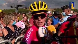 Uitgeputte Demi Vollering komt binnen op LE MARKSTEIN in Le Tour Femmes en  verovert de bergtrui