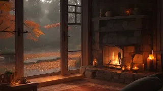 Rainy Autumn Day in Cozy Cabin Ambience with Warm Fireplace Sounds for Sleep & Rain on Window