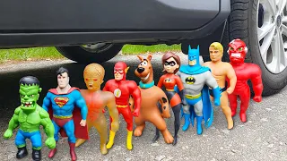 Experiment: Car vs Stretch Armstrong, Superman, Batman, Flash, Scooby Doo, Elastigirl and Vac-Man