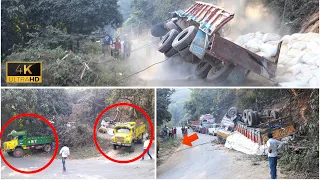 Heavy Loaded Truck Slip and Overturned from Ghat Road - Truck Drivers Struggle to Rescue