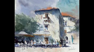 Watercolor Cityscape Loose Painting  I  Watercolor Demo  I  Cafe scene ( PART 1 ) - Suluboya Manzara