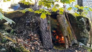 Rain Camping in Forest, Building Bushcraft Survival Shelter