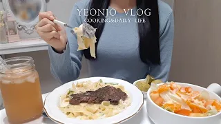 ENG)cooking mukbang vlog 🥩🍝Beef cream pasta that explodes with savory taste, Mushroom shabu shabu