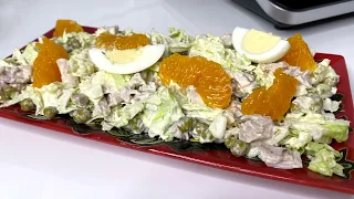 Вкусный салат с курицей и мандаринами - сытное объедение.