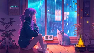 ラジオで遊んでいる猫とチル Lofi Hiphop で雨の夜にくつろぎましょう。 暖炉の音