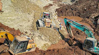 Wonderful Processing ZOOMLION Bulldozer Moving Rock And Truck Excavator Loader on Canal