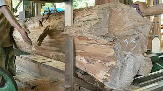 the process of sawing good dry teak wood full of old and beautiful grain