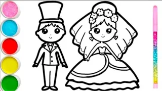 Cute Bride Groom Drawing Painting Colouring for kids Toddlers | How to draw Bride Groom easy step