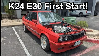 K24 Swapped E30 First start!! It runs!!!