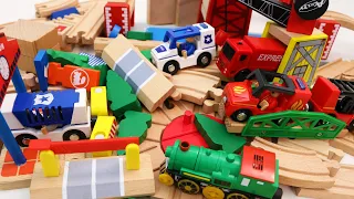 Wooden Train Tracks with Movable Bridge - Fire Truck, Police Car, Excavator Toys