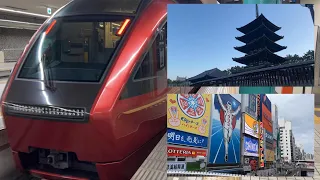 近鉄特急ひのとり　プレミアムシート最前列　乗車記　興福寺五重塔から大阪道頓堀への旅　休日朝のガラガラのひのとり　観光地やターミナル駅を鉄道と徒歩でゆるく繋ぐ、ひとり旅です