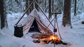 Winter Wild Camping and Hiking in Snow - Canvas Lavvu - Adjustable Bushcraft Pot Hanger- Ice Fishing