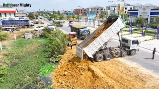 The Best Dump Truck 25Ton Unloading, Processing Filling Up The Land huge, Bulldozer KOMATSU D31P